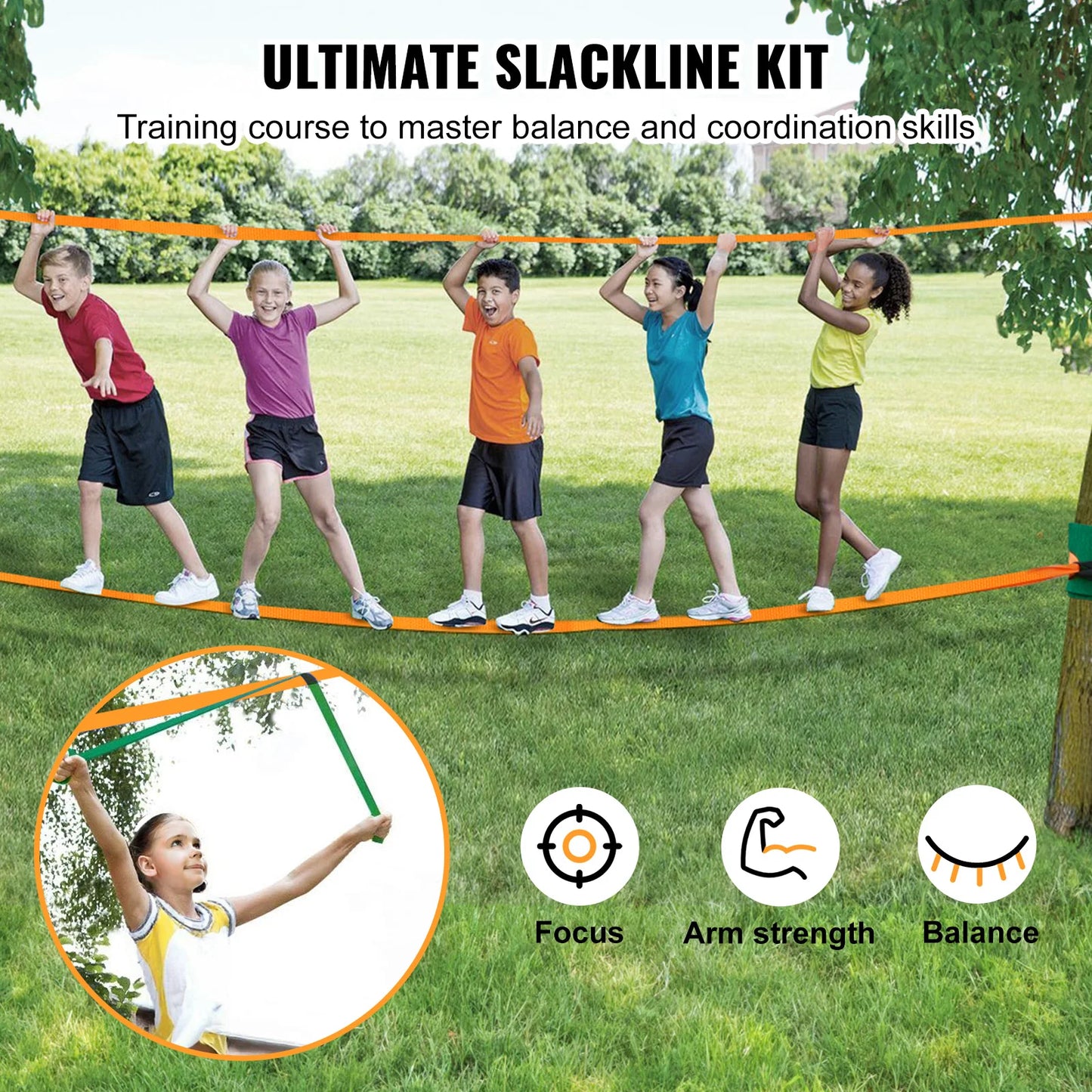 SucceBuy Slackline Kit with Training Line Backyard Slack Line Equipment Tight Rope for Kids Adults Complete Slackline Set
