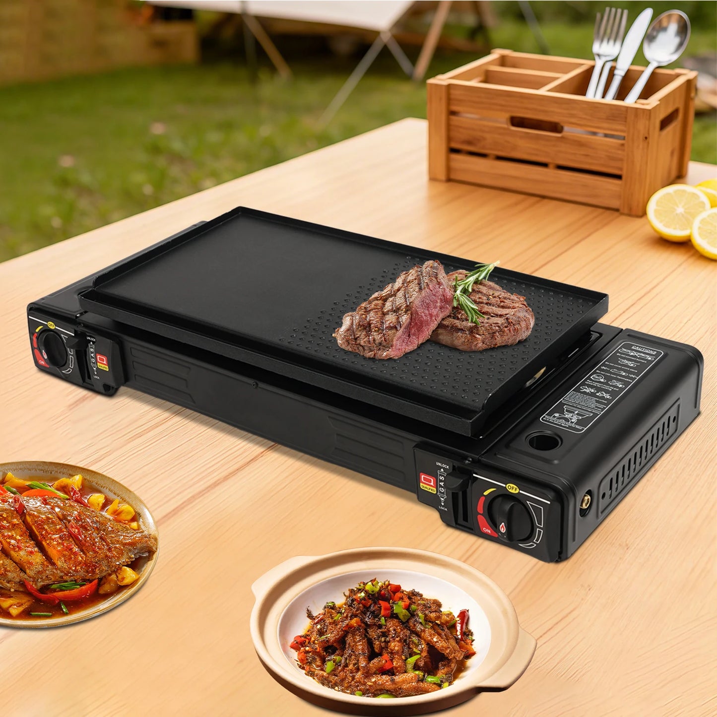 2 Burners Portable Camping Stove, 2.5KW Auto Ignition Butane/LPG Gas Stove w/Baking Tray+Carrying Case for RV Outdoor Picnic BBQ
