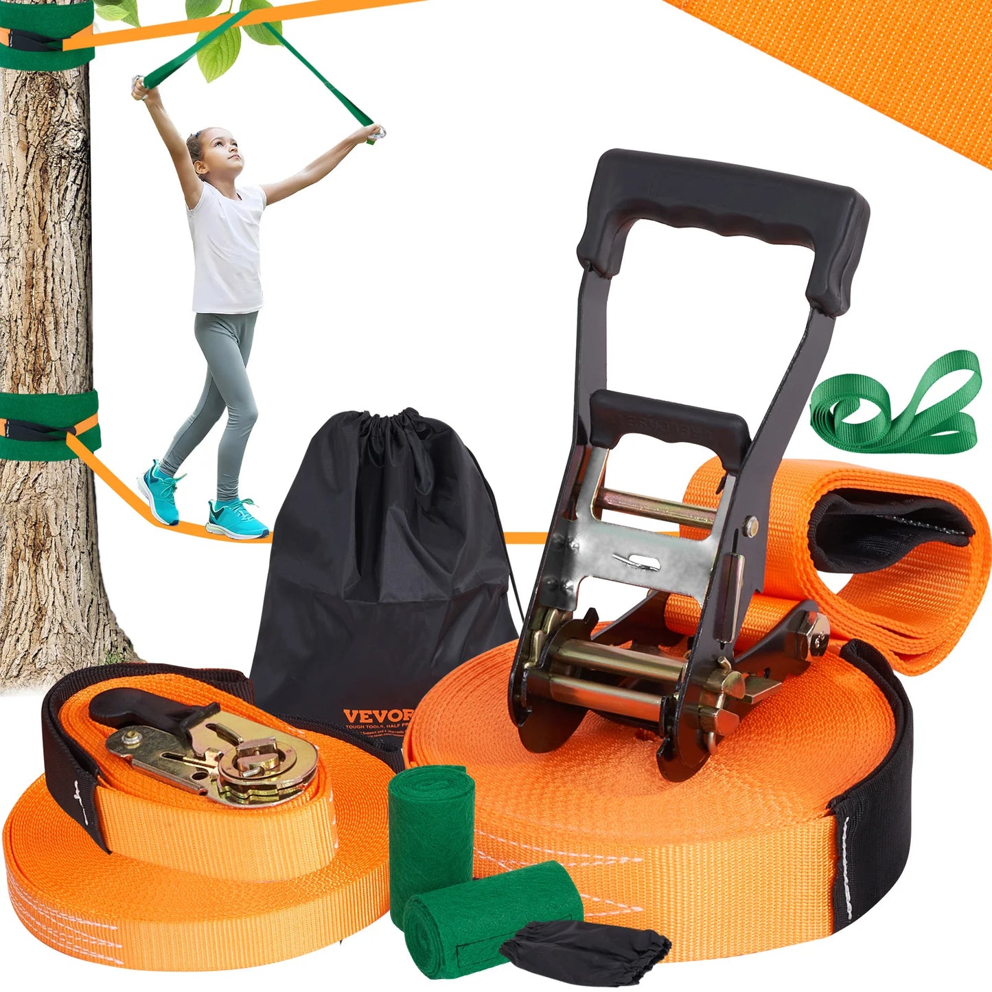 SucceBuy Slackline Kit with Training Line Backyard Slack Line Equipment Tight Rope for Kids Adults Complete Slackline Set